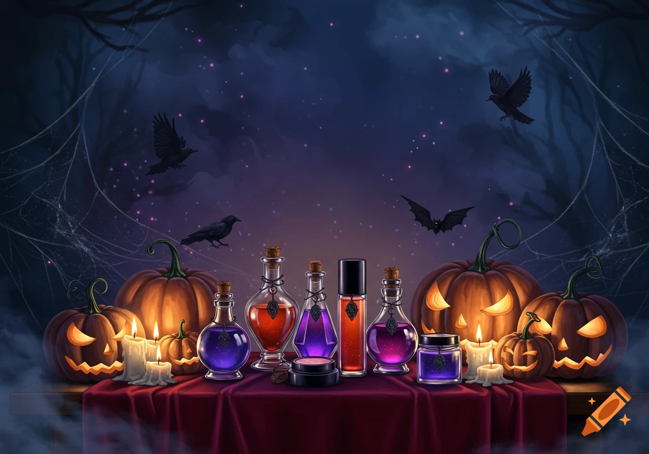 Halloween night scene with glowing jack-o'-lanterns, potion bottles, and candles on a table, with bats and crows in a dark, starry sky.