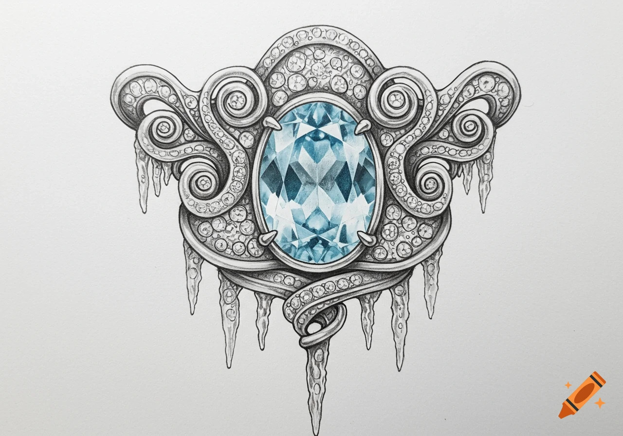 Detailed sketch of an ornate icy pendant featuring a large blue oval gem, surrounded by silver-like swirls and icicles.