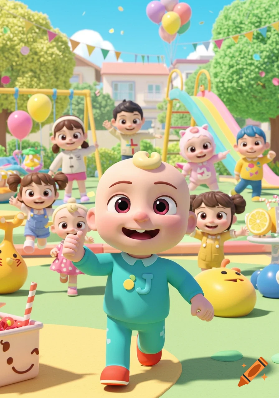 Cartoon baby JJ from Cocomelon smiling in a vibrant playground surrounded by other cartoon children and colorful balloons.