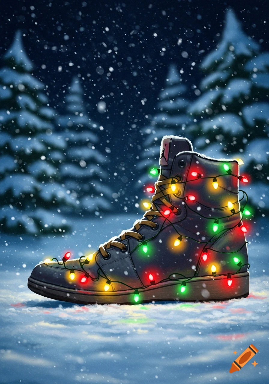 An illustrative image of a grey sneaker wrapped in colorful Christmas lights, standing in snow with blurred pine trees in a snowy background.