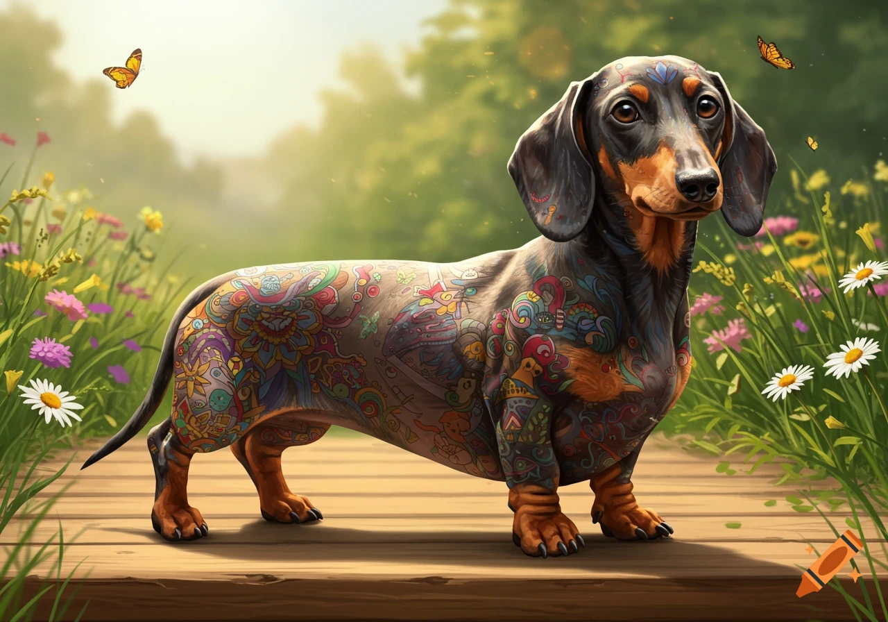 A photorealistic dachshund with colorful full-body tattoos stands on a wooden path in a sunny field with flowers and butterflies.