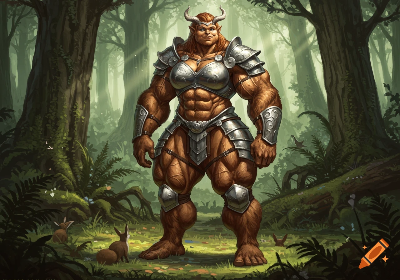 A muscular female Firbolg in silver armor stands in a lush green forest with small rabbits nearby, in a detailed fantasy art style.