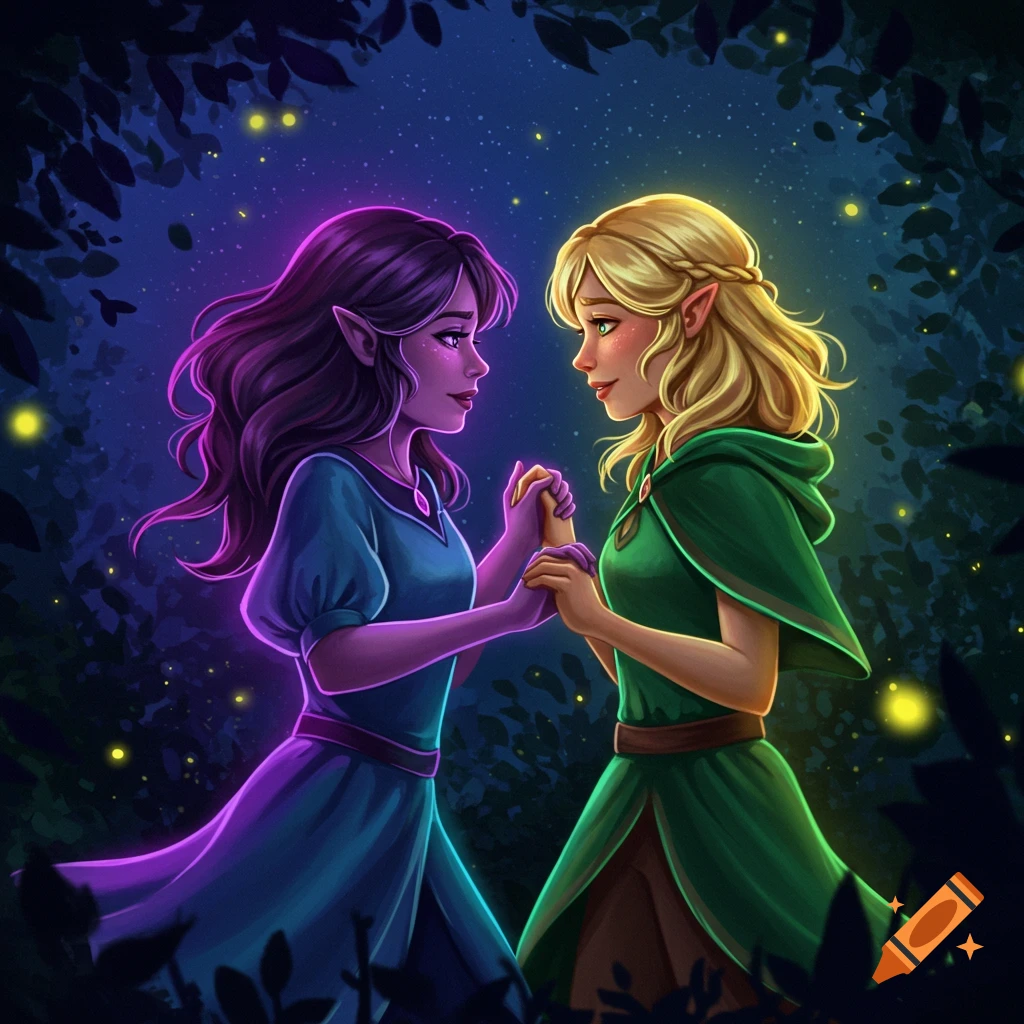 Two elf-like women with glowing outlines hold hands in a magical, dark forest with fireflies, in an illustrated style.