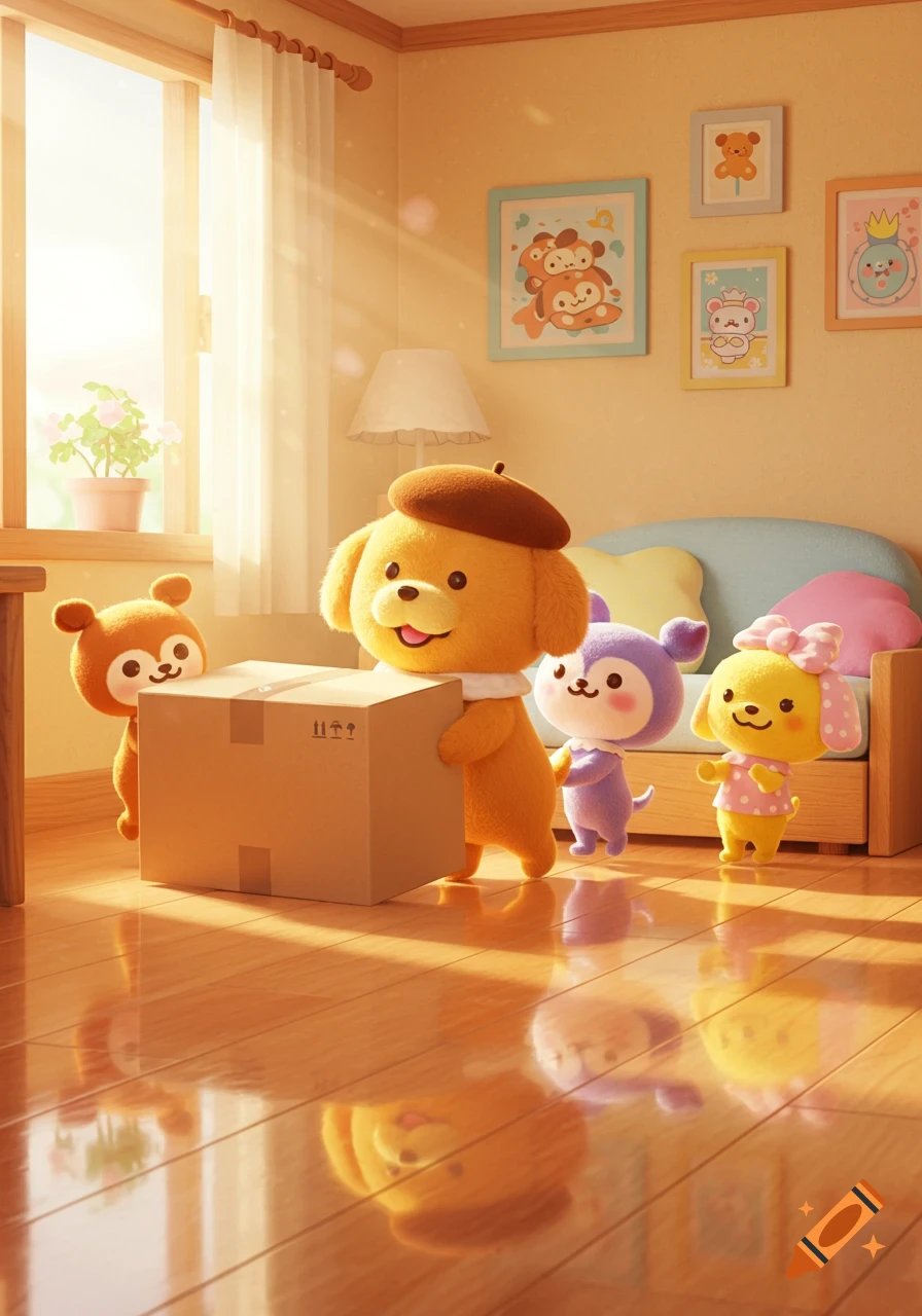 Pompompurin and two friends push a cardboard box across a sunny room with wooden floor, rendered in a cute 3D style.