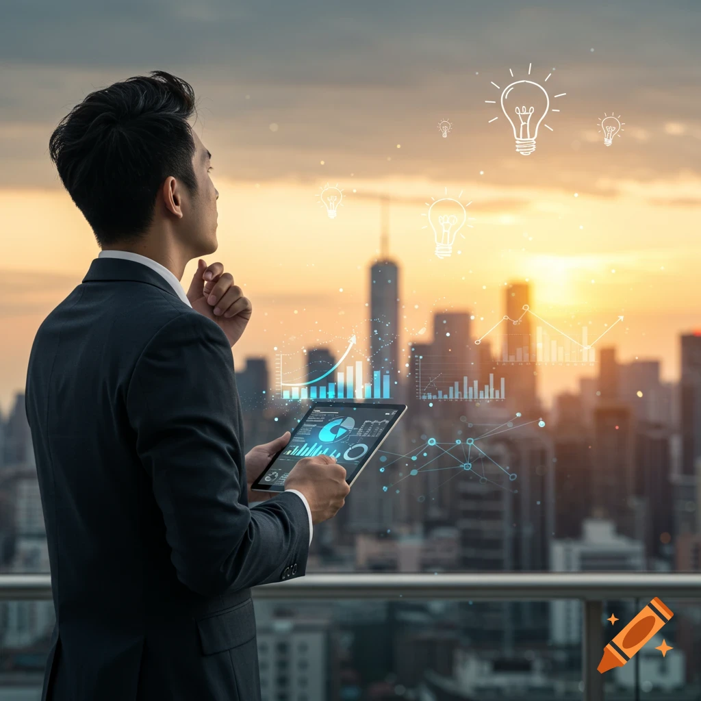 A businessman on a rooftop overlooking a city, holding a tablet with data visualizations and surrounded by floating lightbulb ideas at sunset.