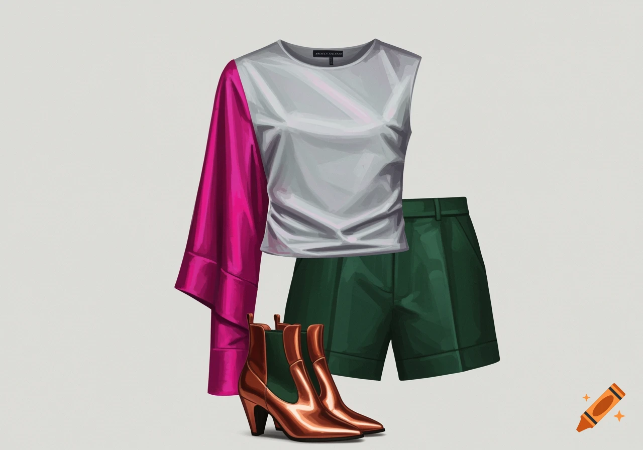 Stylized illustration of a gray one-sleeved top, dark green shorts, and copper boots on a light gray background.