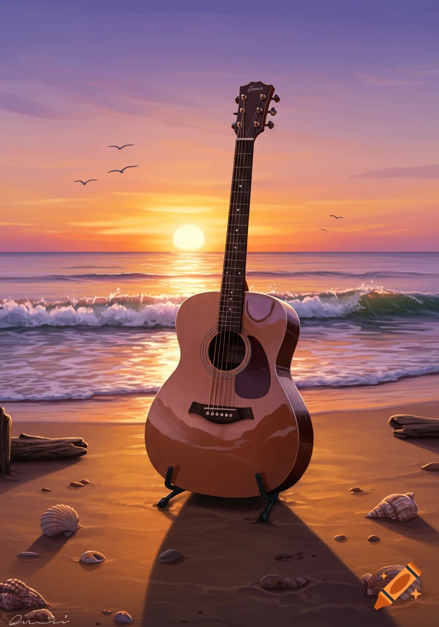 An acoustic guitar stands on a sandy beach at sunset, with waves crashing in the background.