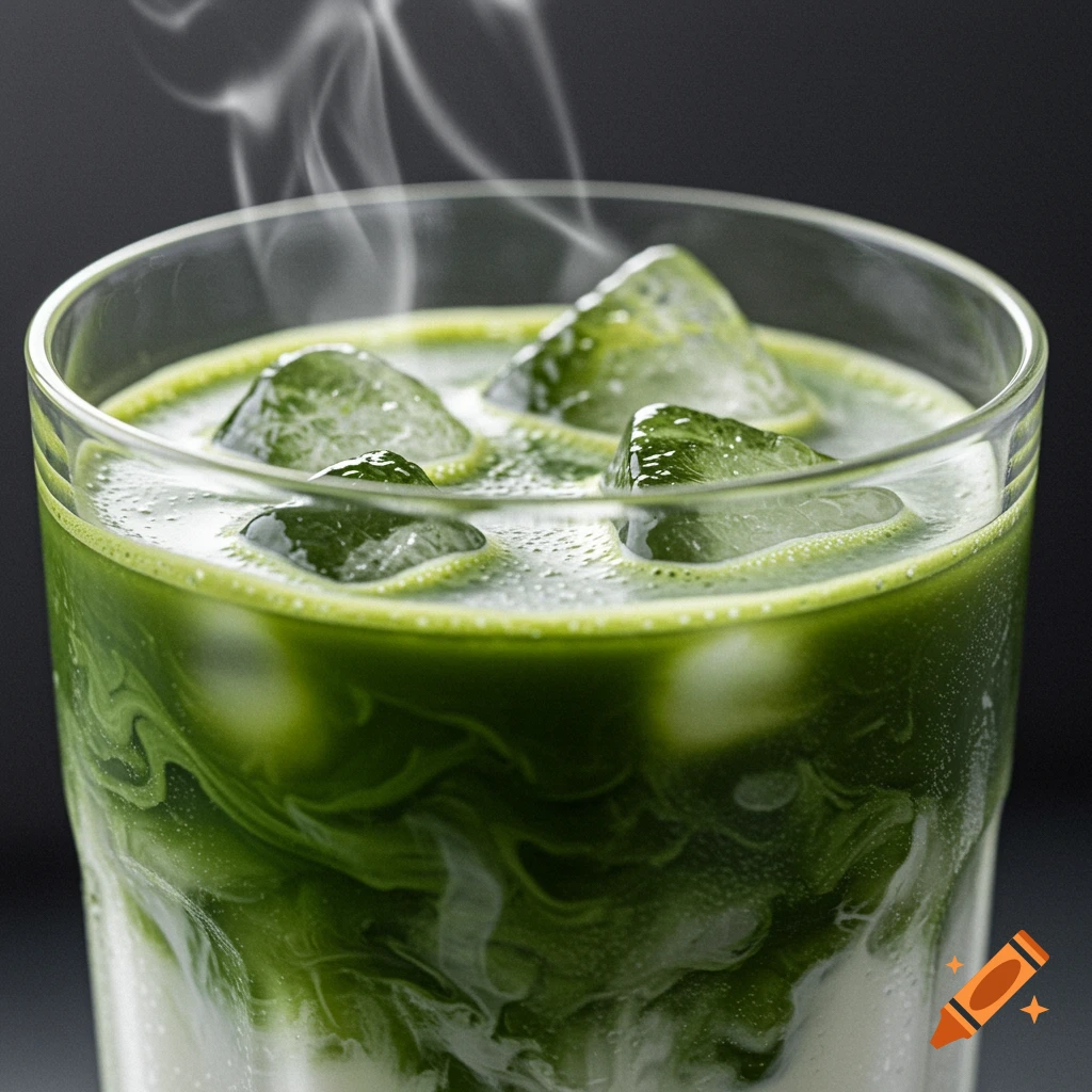 Close-up of an iced matcha latte with green matcha swirling into white milk and ice cubes, with steam rising.