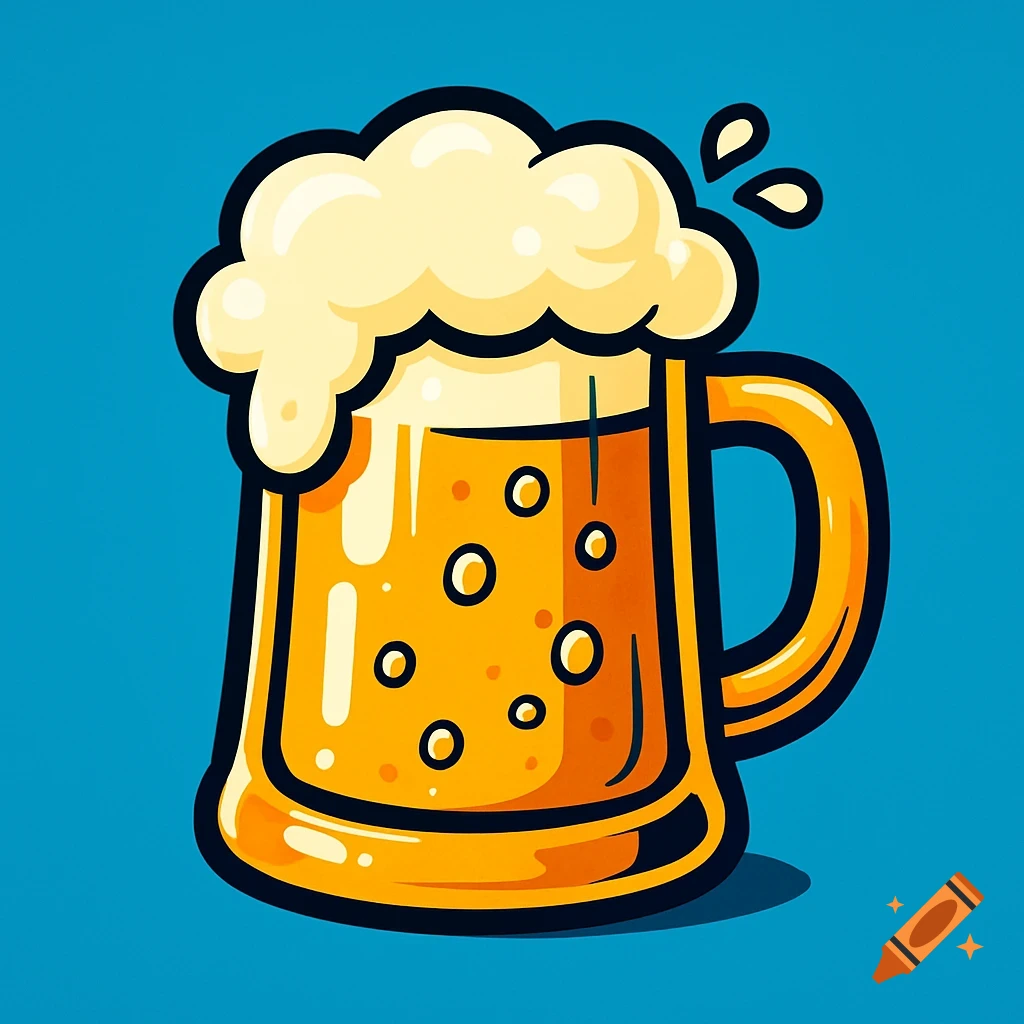 Cartoon logo of a frothy beer mug on a blue background.