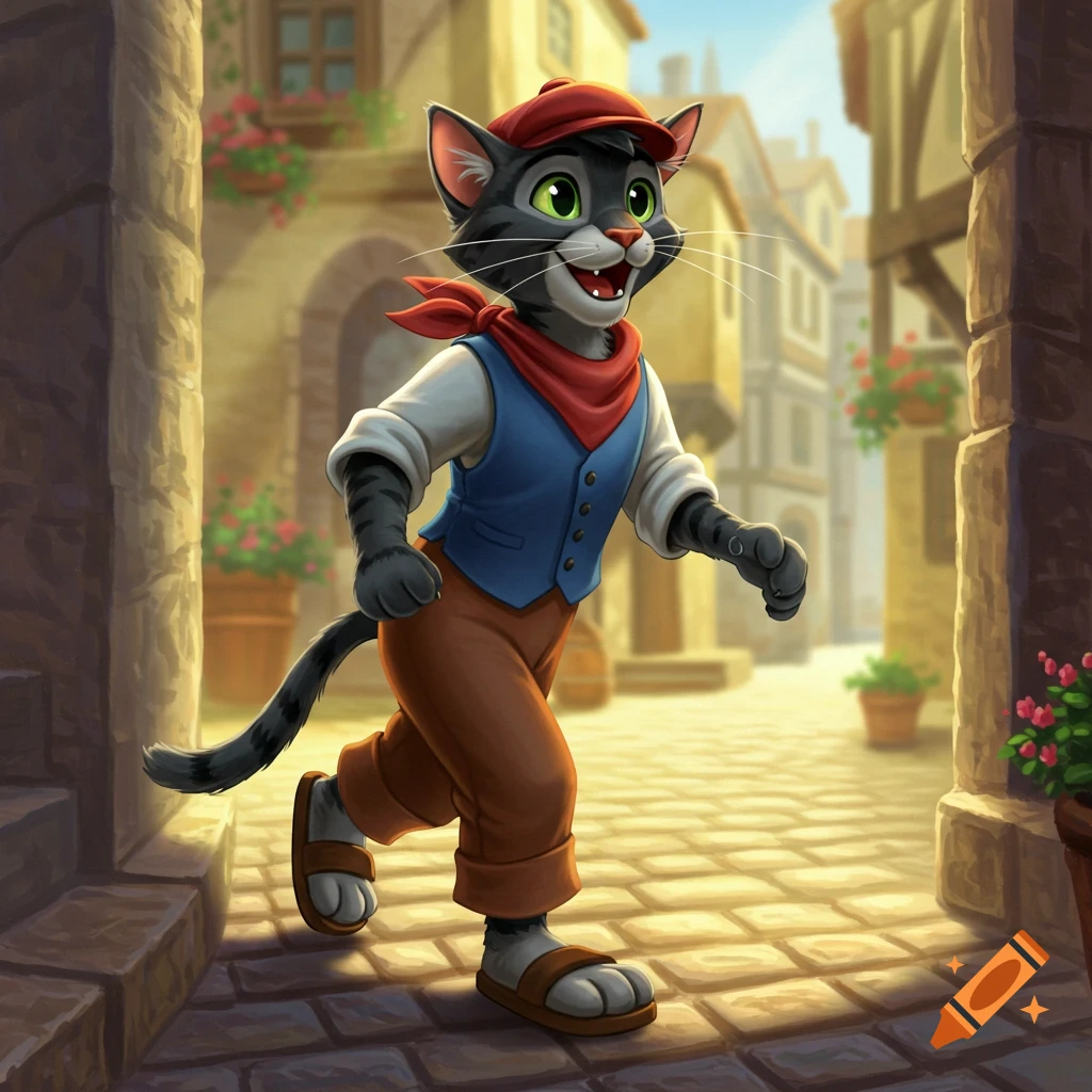 An anthropomorphic black tabby cat in a red cap, blue vest, and brown pants walks on a cobblestone street in a sunny old town.