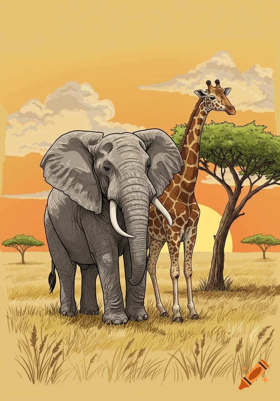 An illustration of an elephant and a giraffe standing in a savanna at sunset.