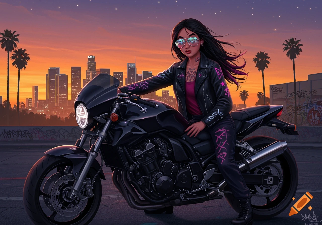 A woman with long dark hair, sunglasses, and tattoos sits on a black motorcycle, wearing a leather jacket and pants with pink designs, against a Los Angeles city skyline at sunset.