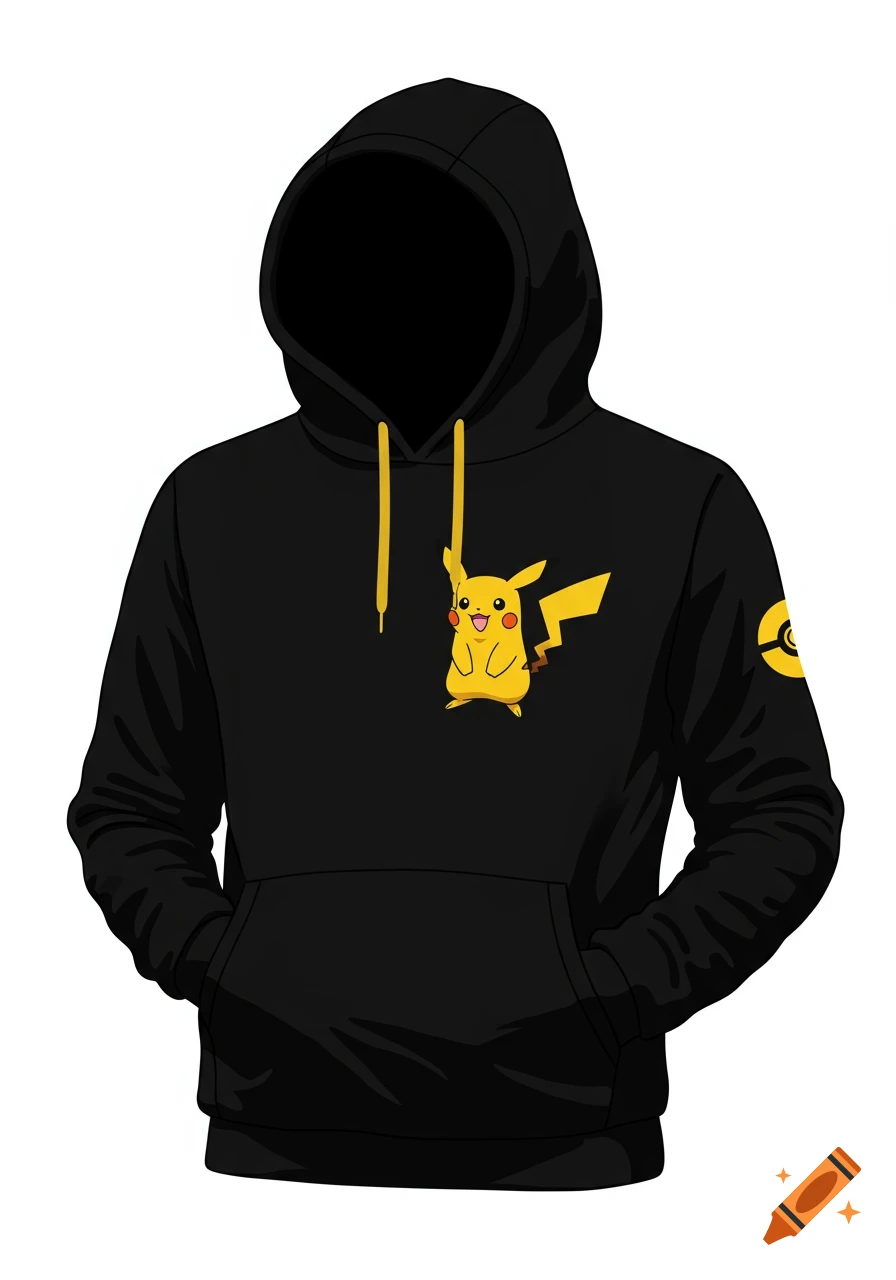 A black hoodie featuring a cheerful yellow Pikachu character on the chest and a yellow and black Pok\u00e9 Ball symbol on the sleeve.