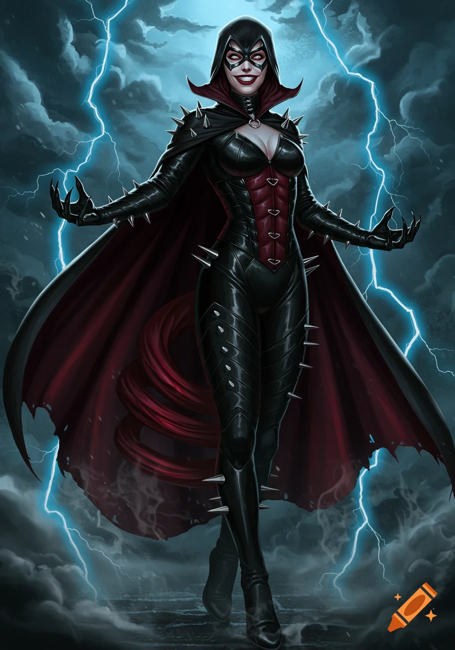An evil female character in a black and red spiked costume and cape, grinning against a stormy, lightning sky, illustrated.