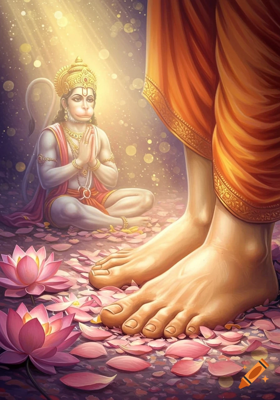 Lord Hanuman praying reverently to a divine guru's feet, surrounded by pink lotus petals under soft golden rays of light.