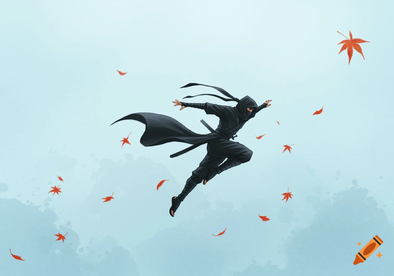 A black-clad ninja jumps through a light blue sky with red autumn leaves floating around.