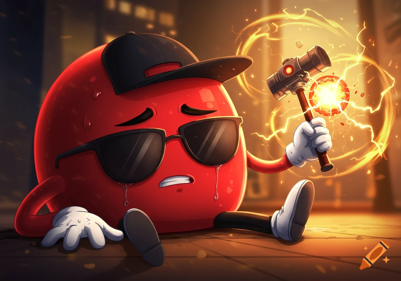 A red jellybean character with sunglasses and a baseball cap sits on the ground, holding a glowing hammer. Anime style.