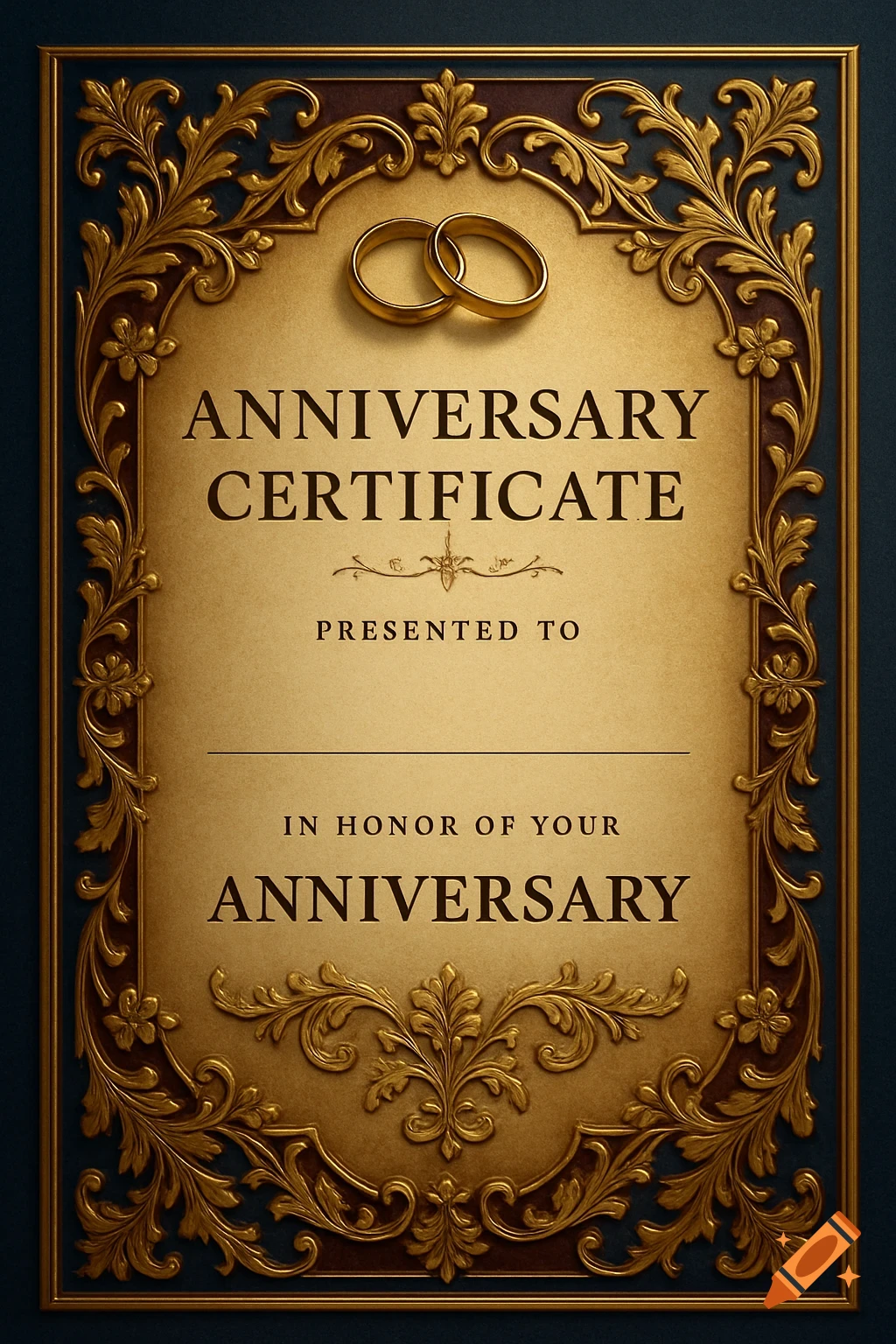 An ornate golden anniversary certificate with two intertwined wedding rings at the top, on a dark blue background.