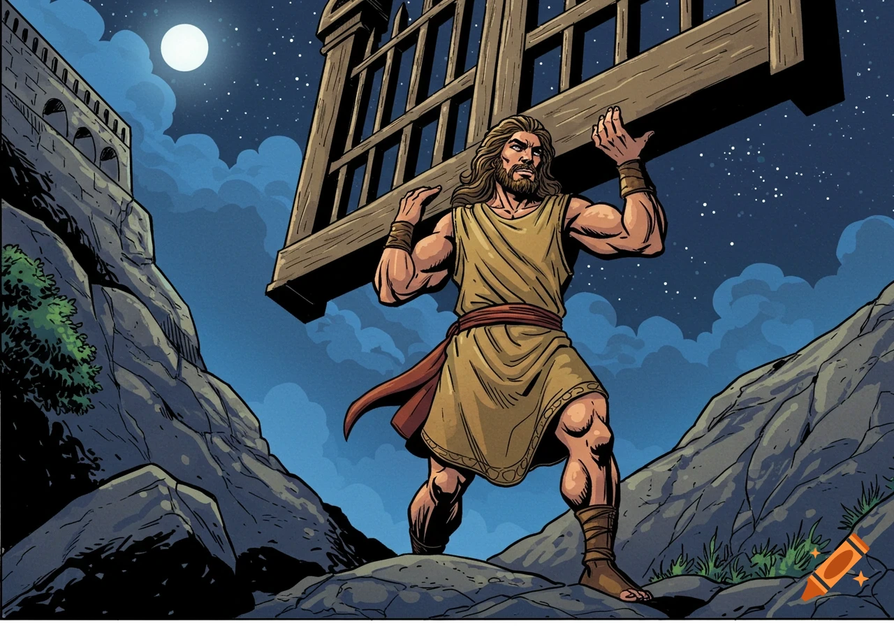 A muscular man with long hair, wearing a tunic, carries a large wooden gate up a rocky hill under a full moon at night, in a graphic novel style.