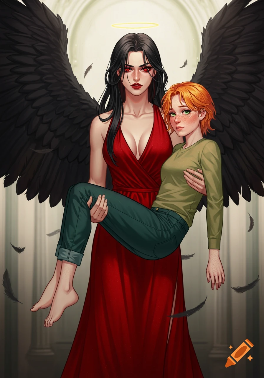 A black-winged angel woman in a red gown carries a red-haired woman with freckles in her arms, set against a background of pillars and light.