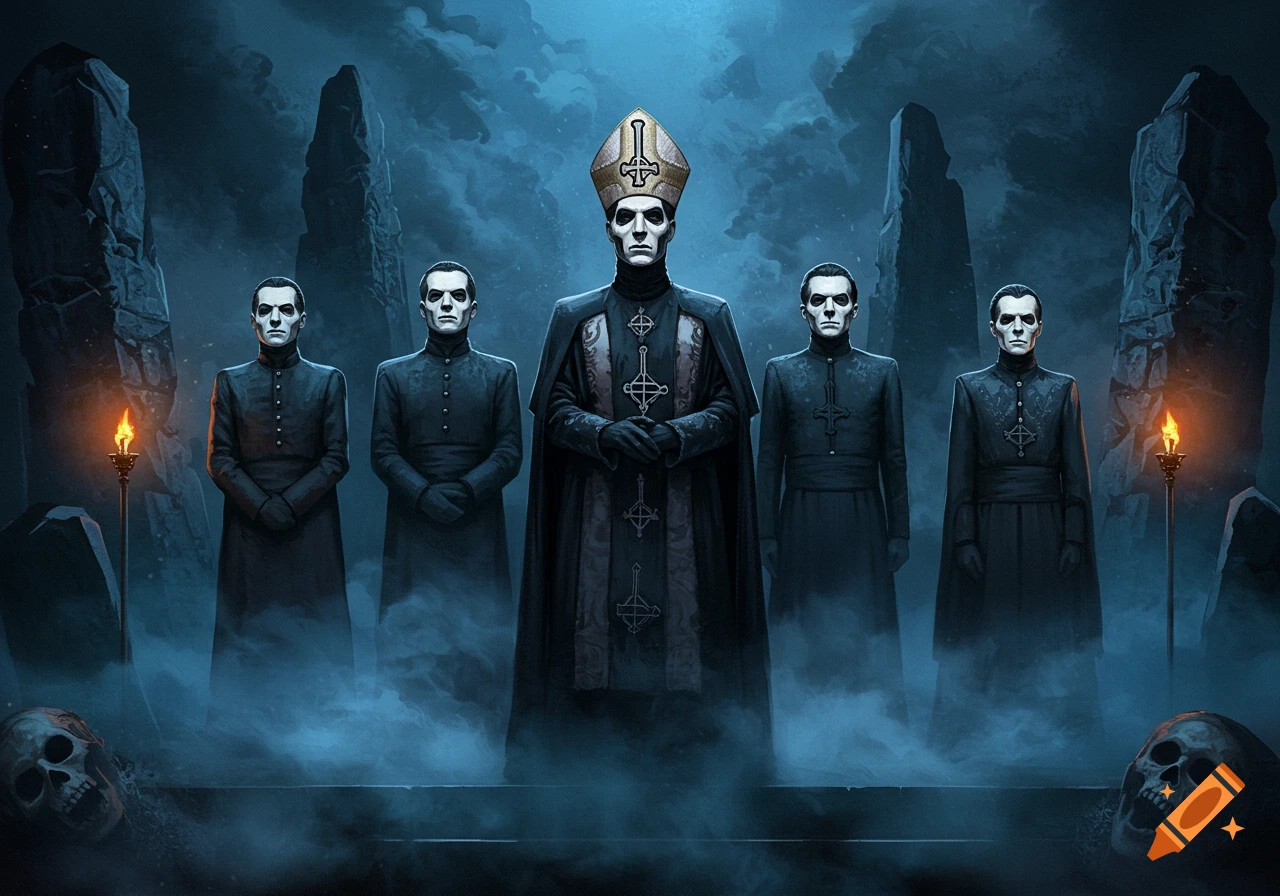 Five dark robed figures, including a central one in a papal mitre, stand in a misty, gothic landscape with skulls and torches, in a dark fantasy painting style.