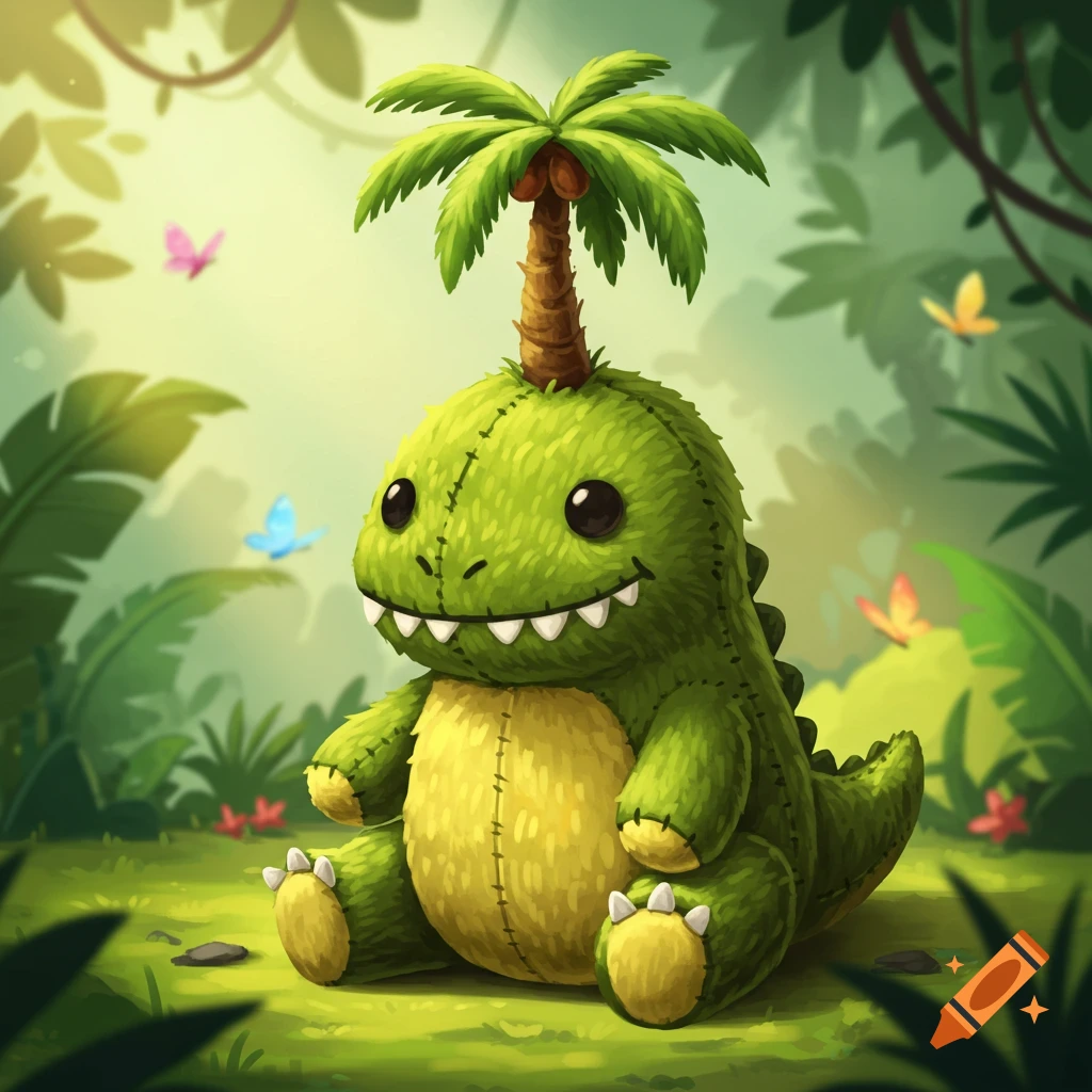 A cute green plush dinosaur with a palm tree on its head and sharp teeth, sitting in a lush jungle with butterflies.