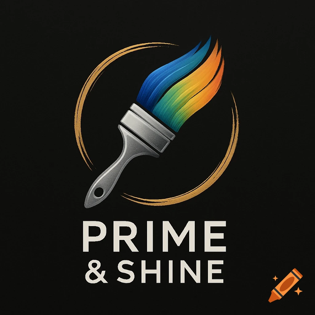 Logo for Prime & Shine featuring a paintbrush with colorful bristles and a gold circle behind it on a black background.