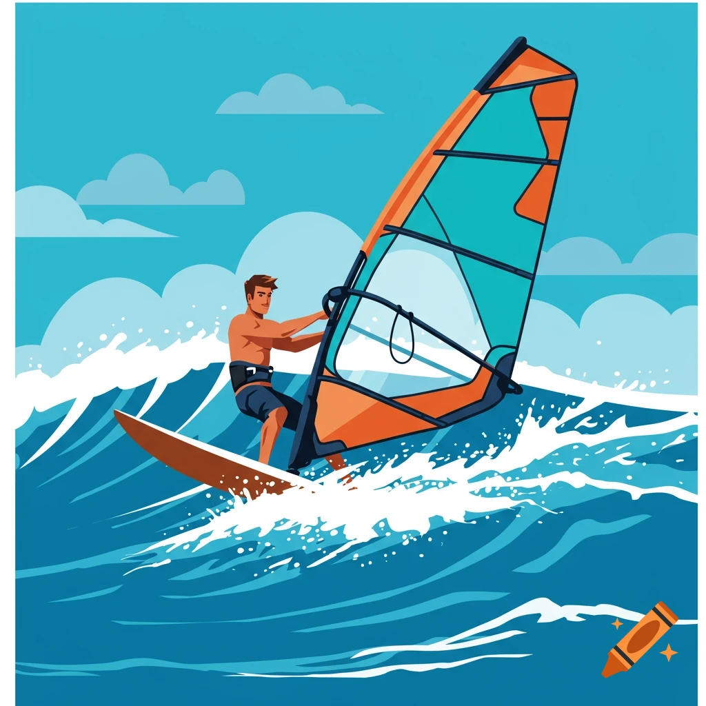 An illustration of a man windsurfing on a blue ocean with a colorful sail.