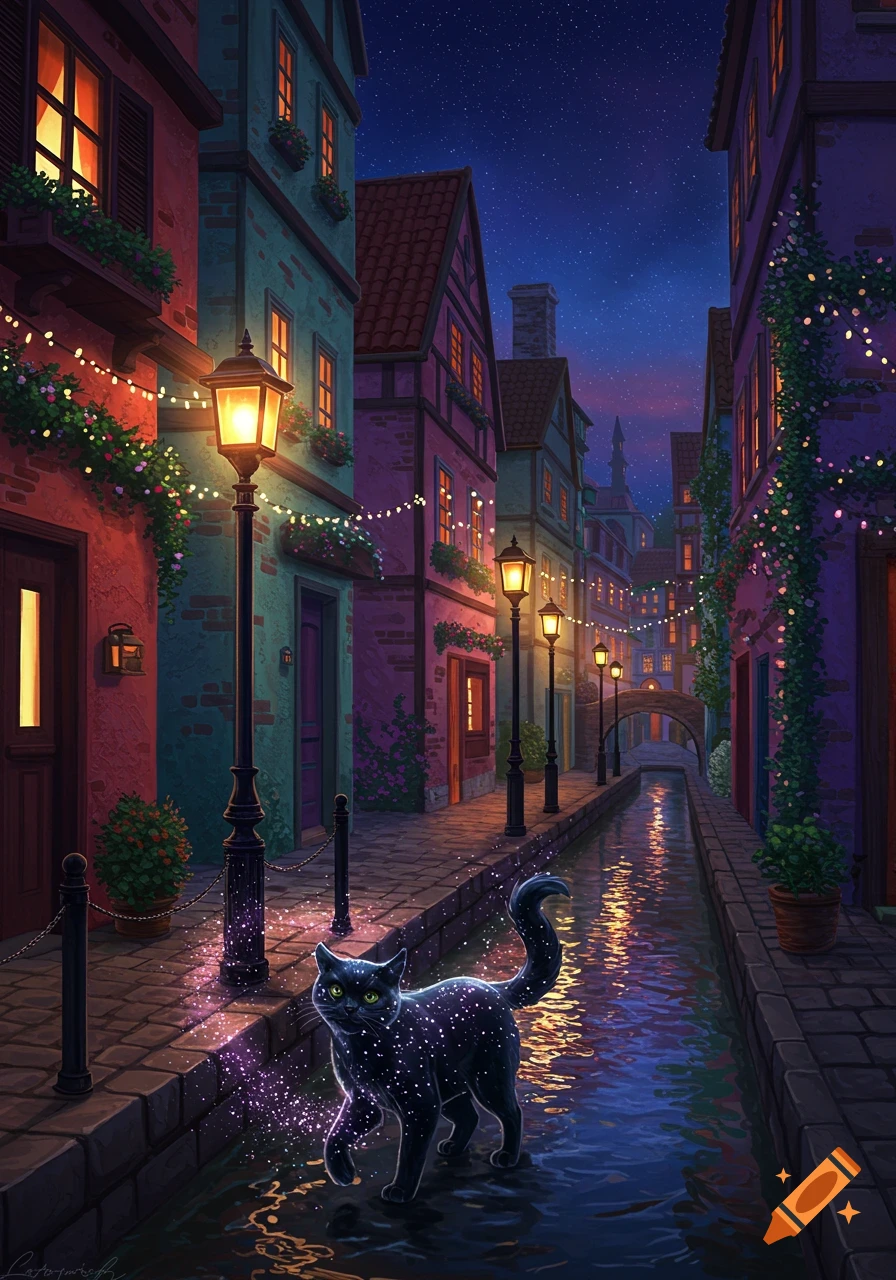 A sparkling black cat walks by a glowing canal in a magical, colorful European-style town at night with string lights.