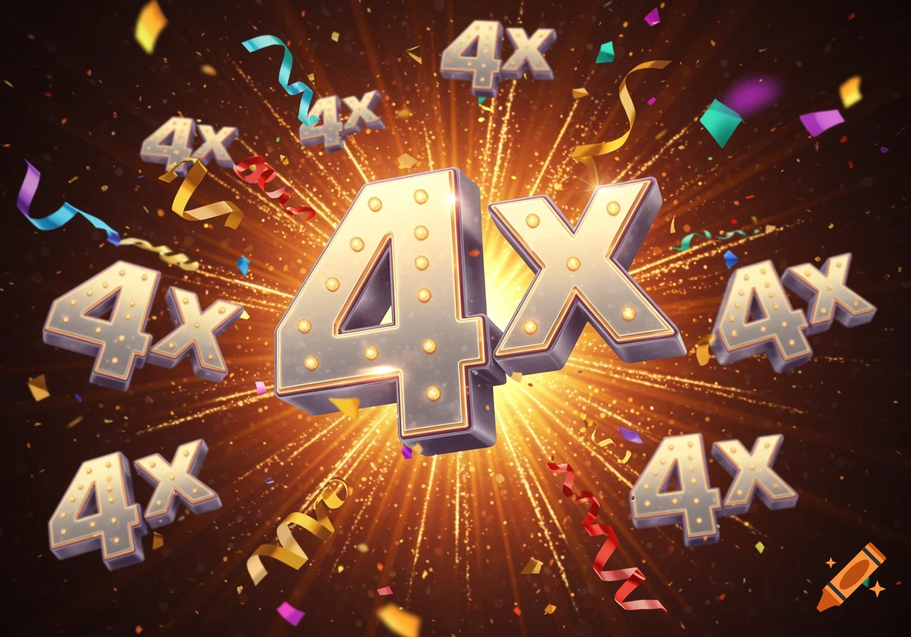 Multiple 3D '4x' symbols with bright lights, confetti, and streamers on a dark background, indicating a multiplier.