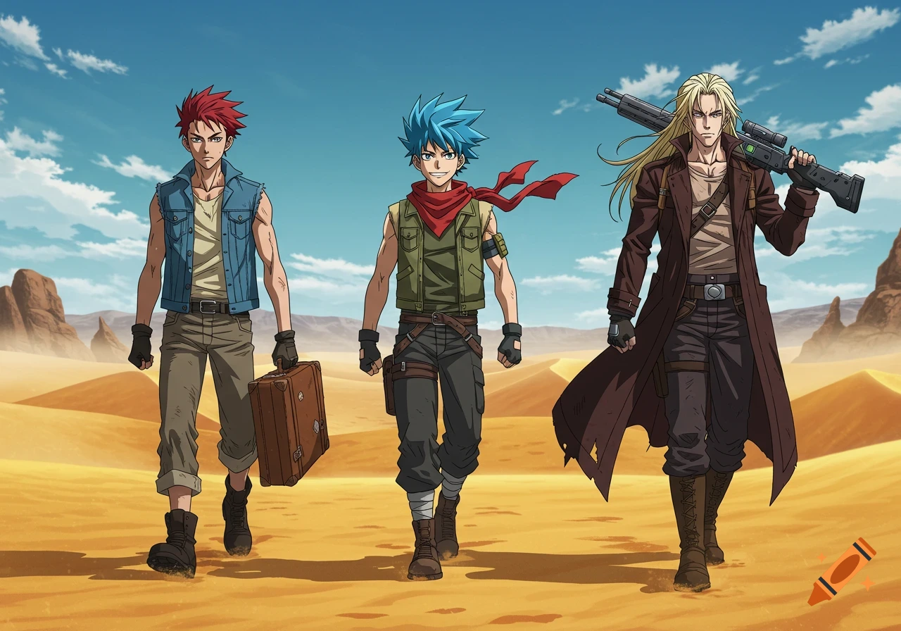 Three male anime characters walk through a vast desert under a blue sky. One has red hair and carries a suitcase, another with blue hair wears a tactical vest and red bandana, and the third with long blonde hair carries a rifle.