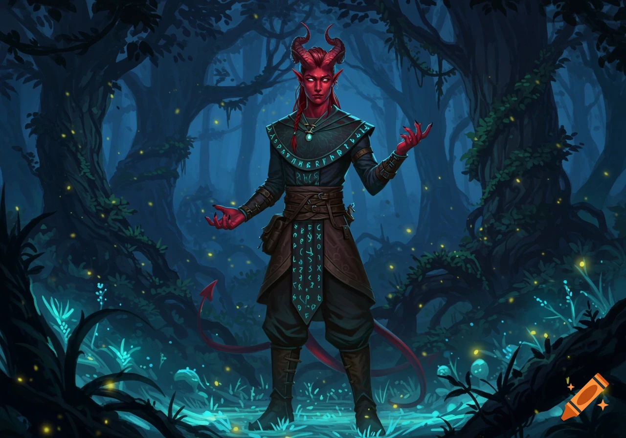 A red-skinned Tiefling character with horns and a tail, wearing dark robes with runes, stands in a magical, glowing forest.