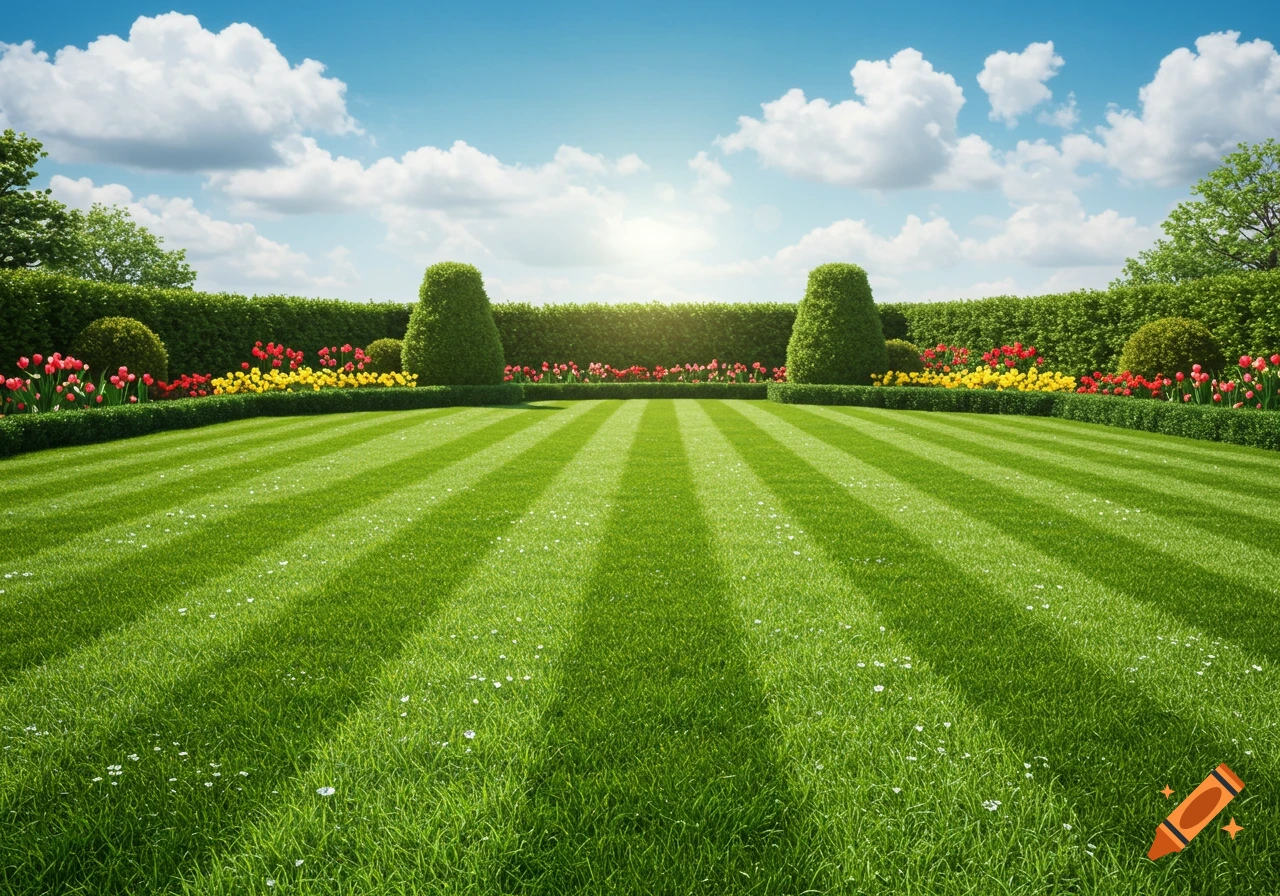A perfectly mowed green lawn with stripes, surrounded by flower beds with colorful tulips and a tall hedge under a sunny blue sky.