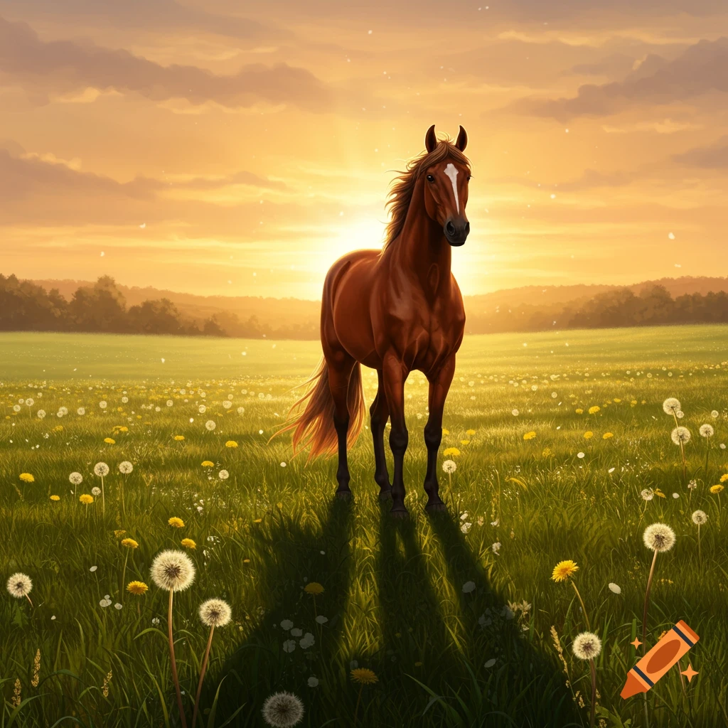 A brown horse stands in a field of dandelions at sunset, casting long shadows.