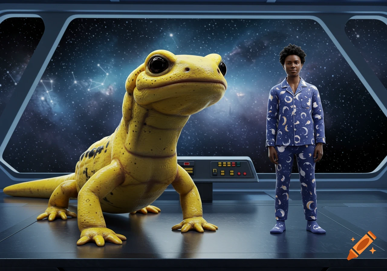 A yellow salamander and a person in blue pajamas with moon and star patterns stand on a spaceship bridge with a view of stars outside.