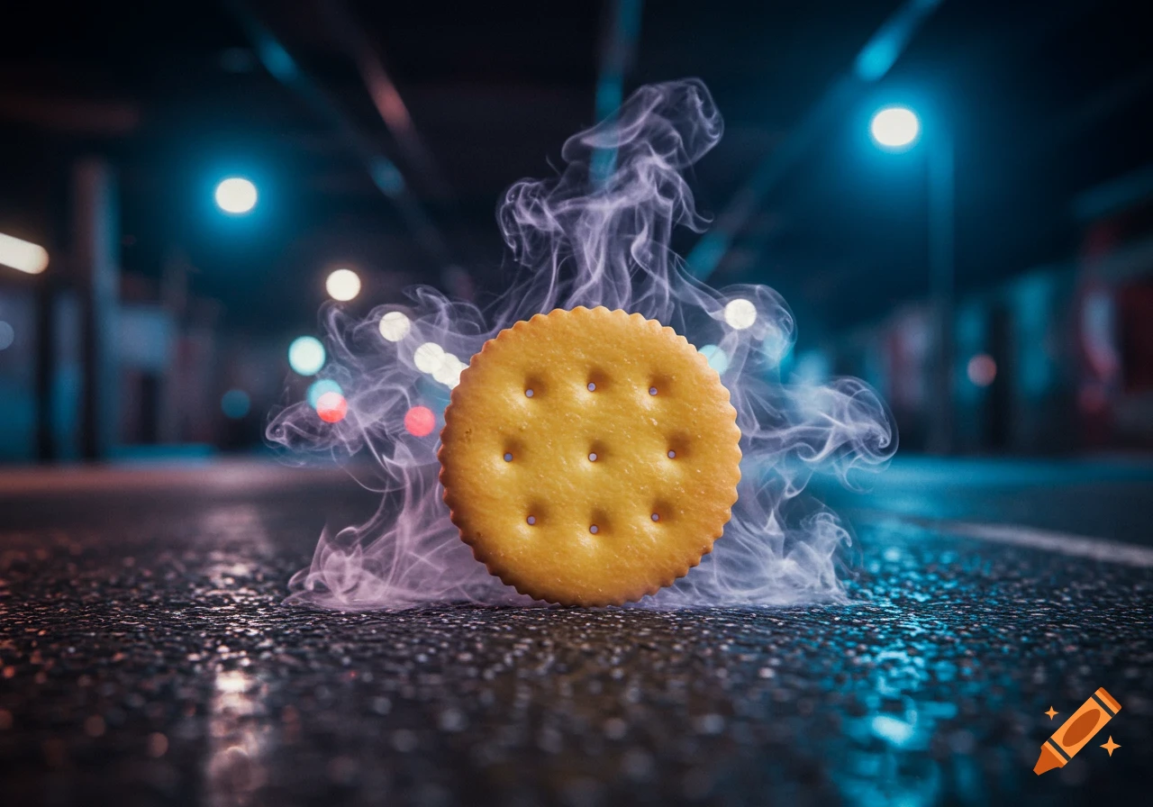 A photorealistic image of a Ritz cracker emitting smoke, centered on a wet asphalt road at night with blurred city lights in the background.