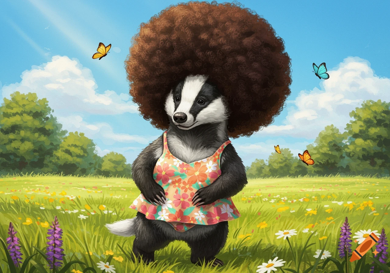 A smiling badger wearing a floral swimsuit and a large afro stands in a sunny field with flowers and butterflies.