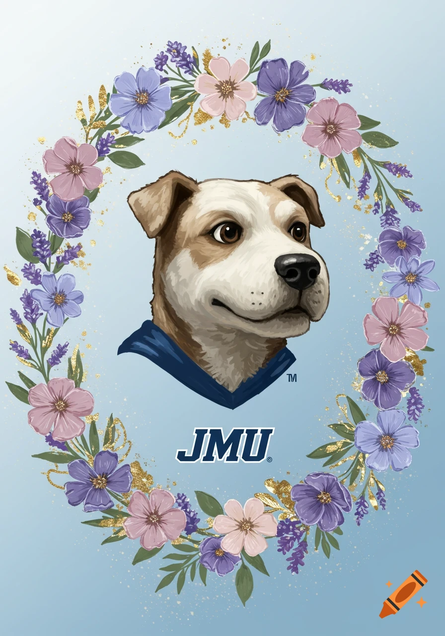 Illustrated Duke dog mascot head with JMU text, surrounded by a floral wreath of purple and pink flowers with gold accents on a light blue background.