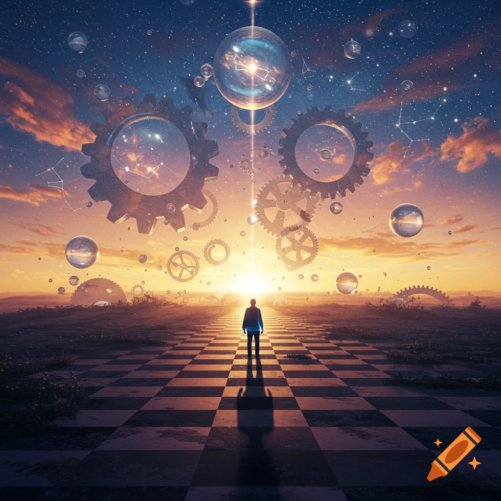 A lone person stands on a chessboard ground facing a sunset, under a sky with floating gears, bubbles, and constellations.