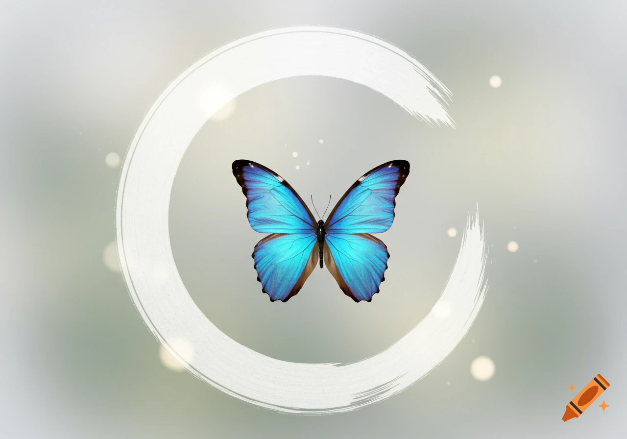 A vibrant blue morpho butterfly with open wings is centered within a thick, white, incomplete enso circle on a soft, light grey-green background.