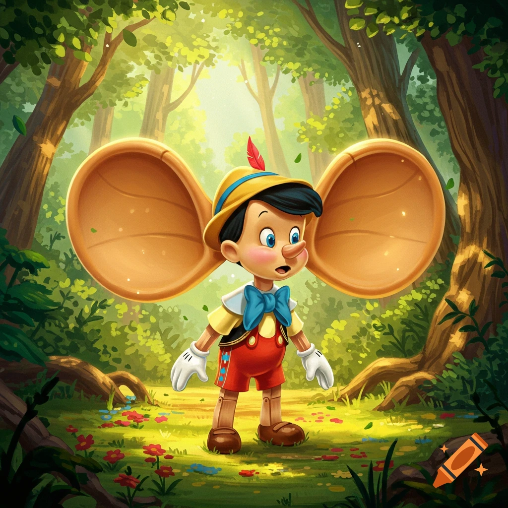 A cartoon illustration of Pinocchio with large, Dumbo-like ears standing in a sunlit forest clearing.