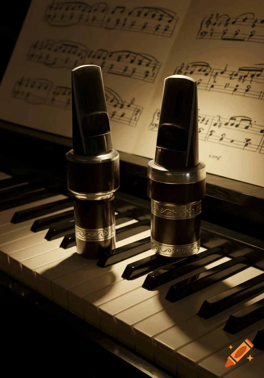 Two clarinet mouthpieces stand on piano keys, with sheet music in a warm, sepia-toned light.