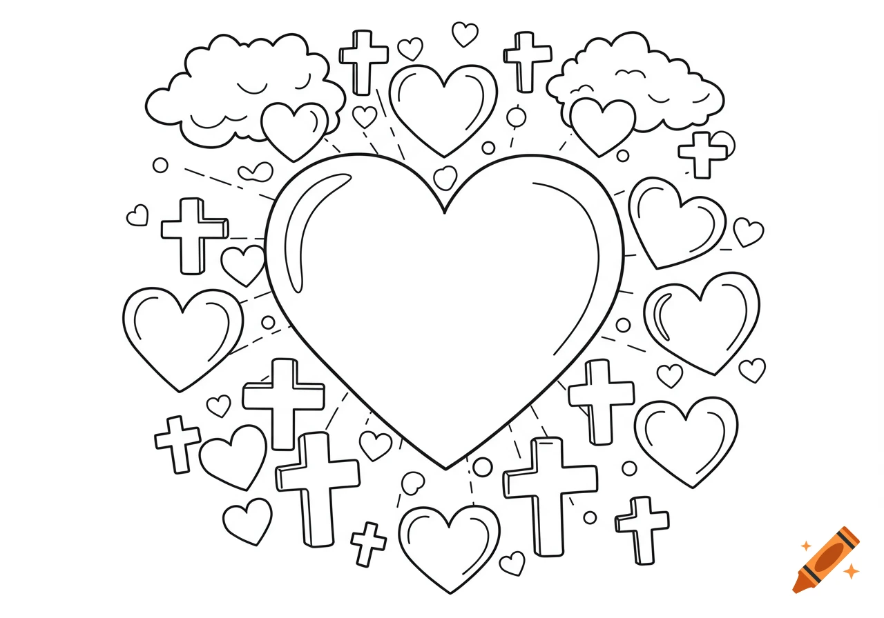 Black and white line art coloring page featuring a large heart surrounded by smaller hearts and crosses, with clouds and rays.