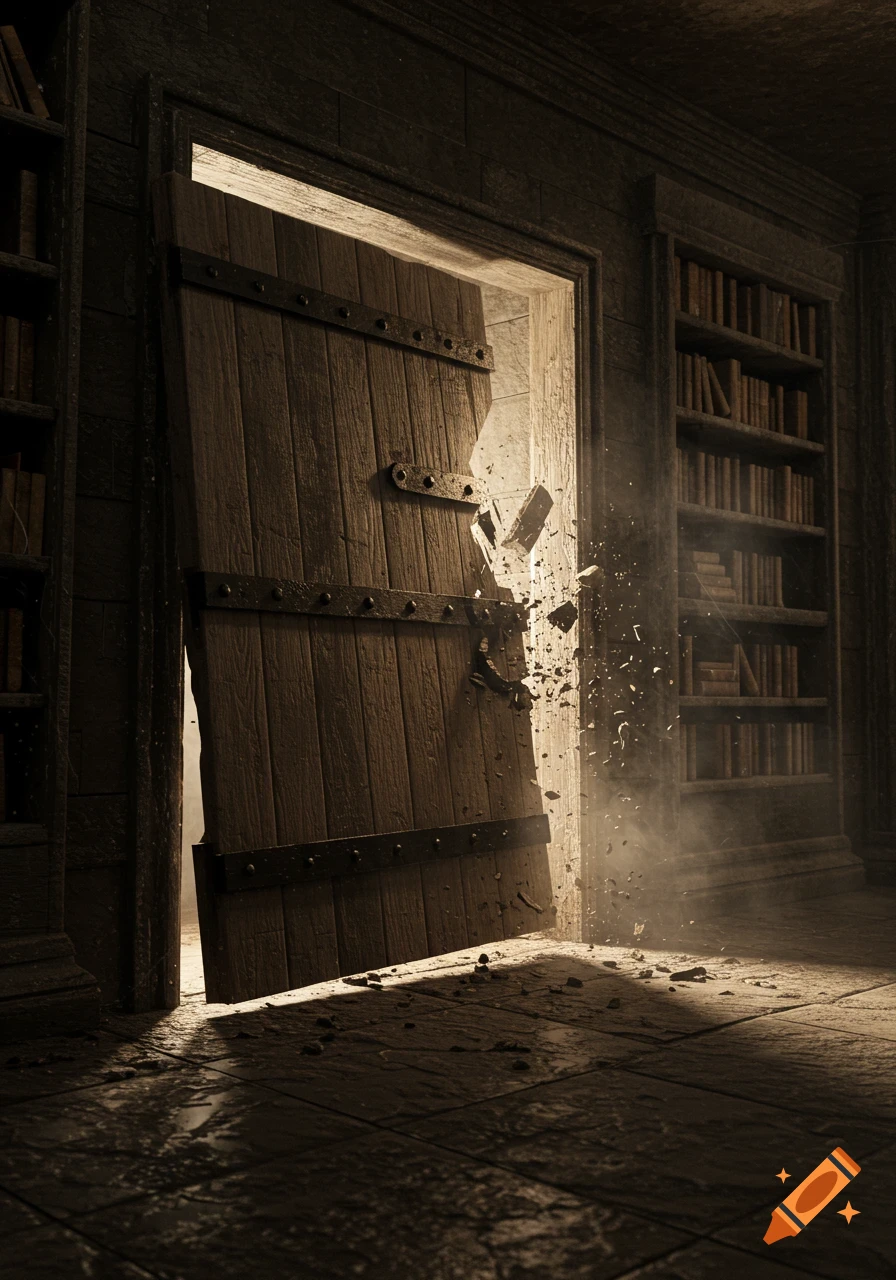 A sturdy wooden door bursts open in a dark, sepia-toned room, with debris flying and bright light streaming from the doorway. Bookshelves line the walls.