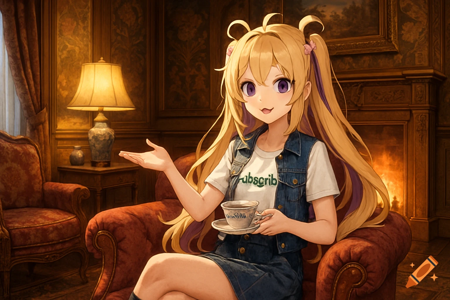 An anime girl with long blonde hair and violet streaks sits in a red armchair in a Victorian living room, holding a teacup and smiling.