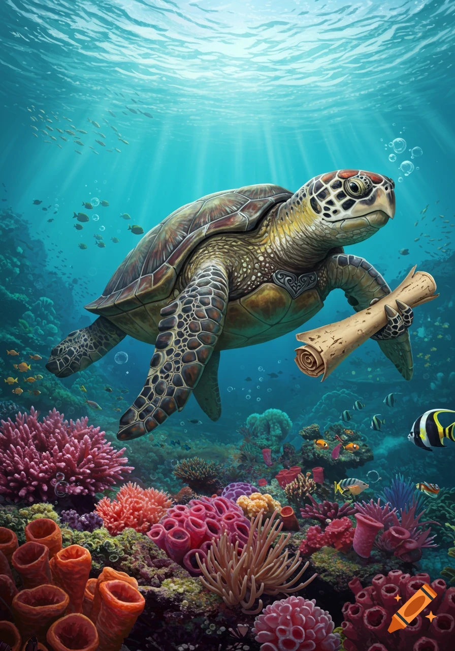 A sea turtle swims through a vibrant coral reef, holding a rolled scroll in its flipper, with sun rays from above.