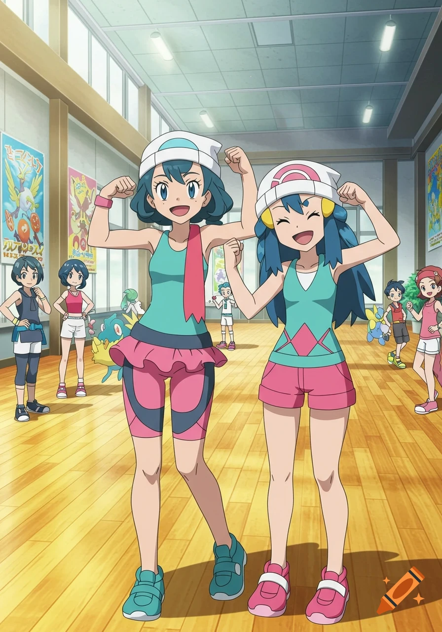 Two anime girls with blue hair flex their biceps in a gym. Other characters and Pokémon are in the background.