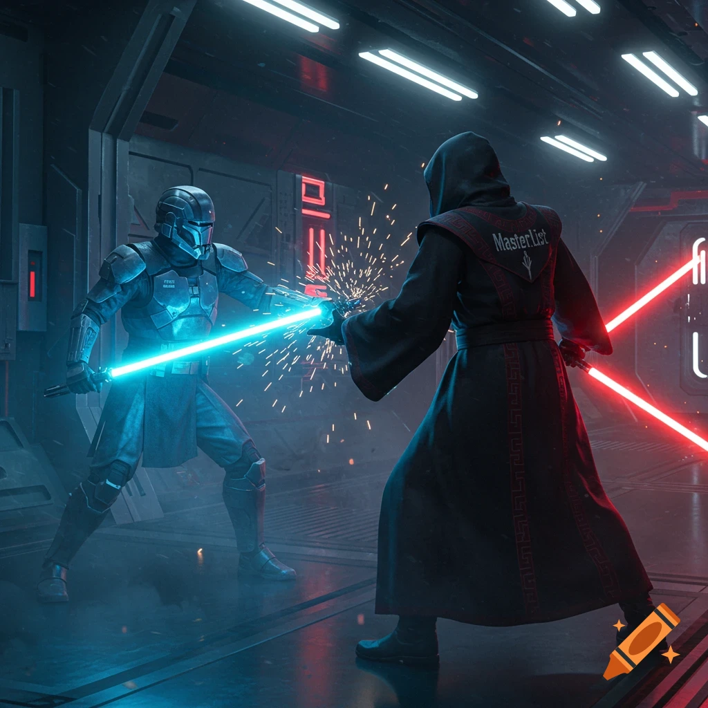 Two armored figures in a futuristic setting engage in a lightsaber duel, with blue and red lightsabers clashing.