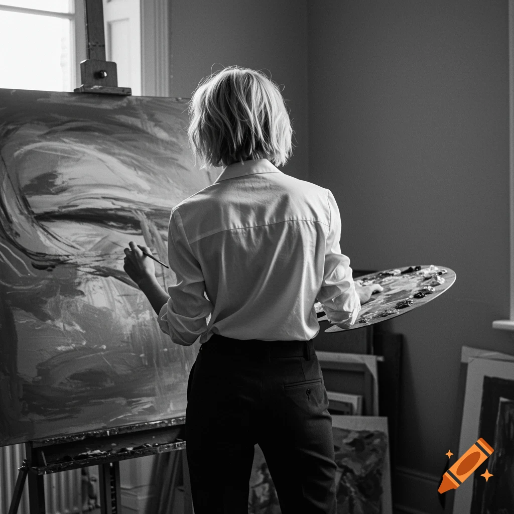 Black and white image of a woman with short hair painting on a large canvas, viewed from behind.