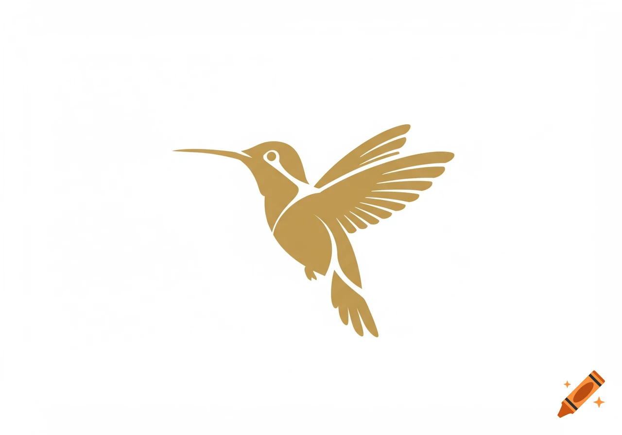 A gold silhouette of a hummingbird with wings spread on a white background.